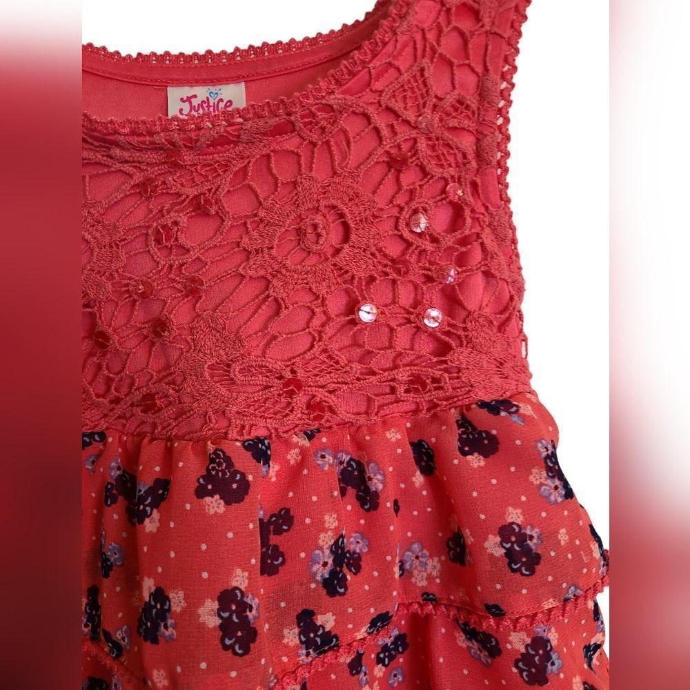 Justice Top Tiered Sleeveless Blouse Sequins Lace Ruffle Floral Print Sz… - Picture 4 of 9